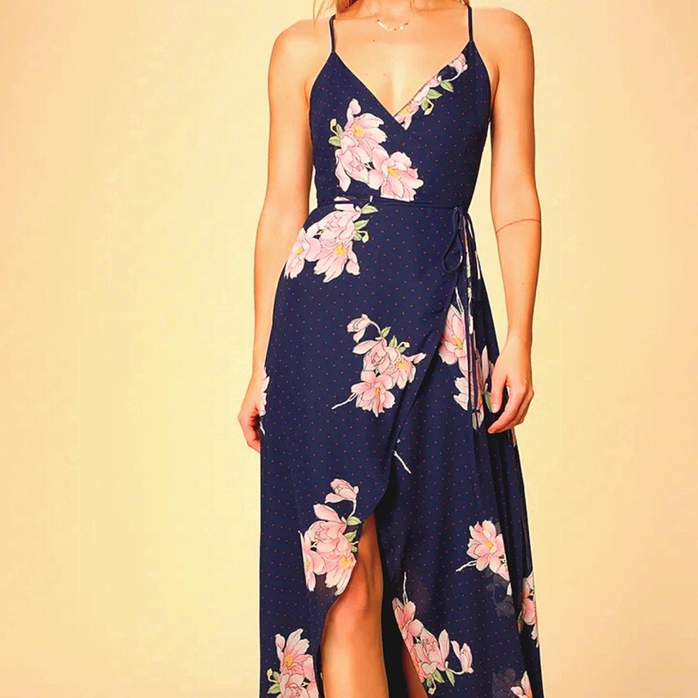 Navy Floral & Polka dot wrap maxi dress